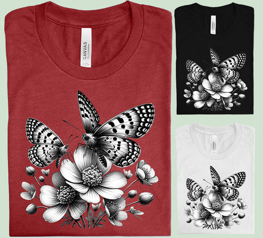 Black and White Floral Butterflies Graphic Tee
