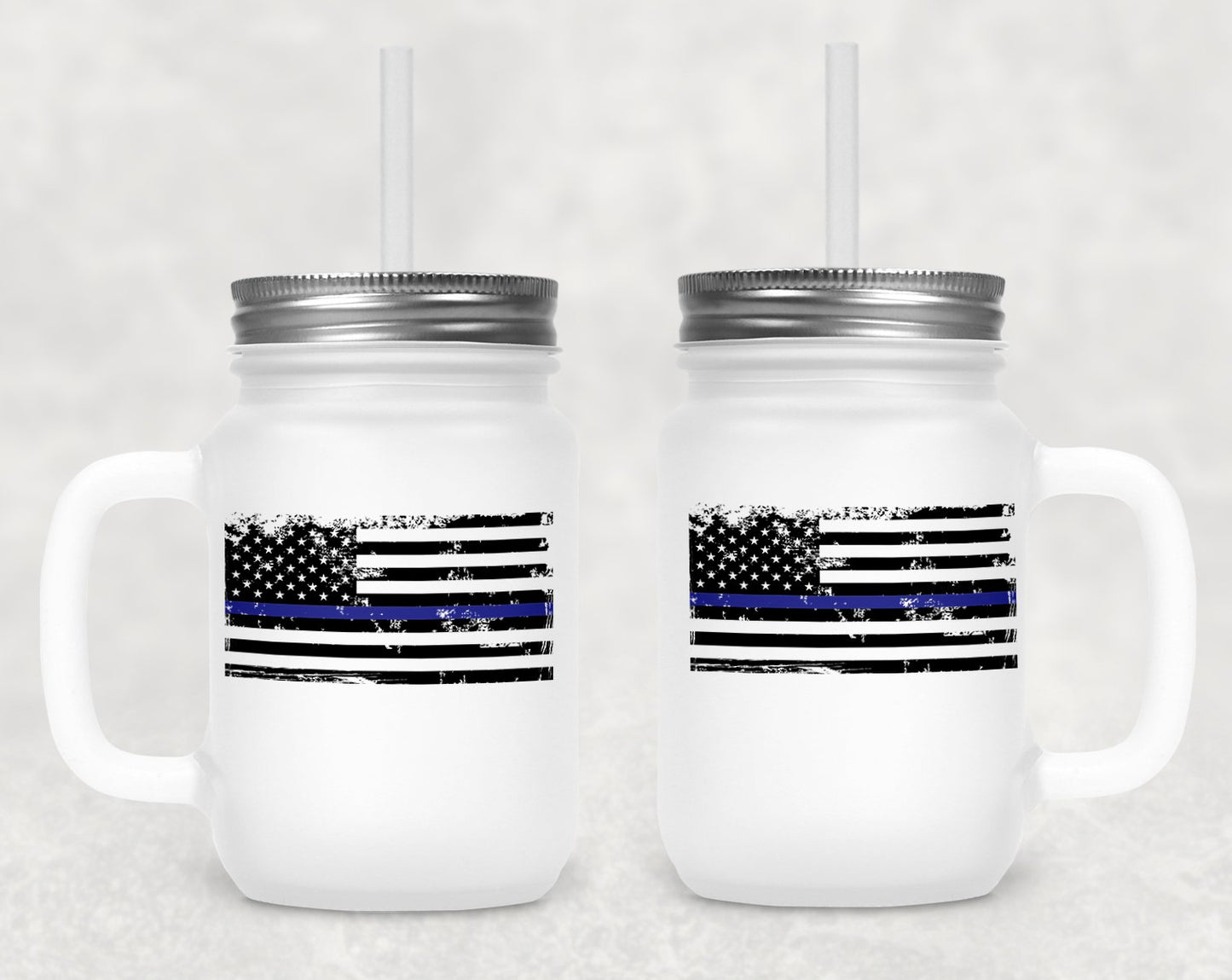 Blue Line Flag Frosted Mason Jar