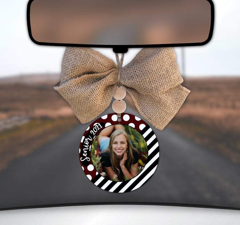 Maroon/white Photo Car Charm Ornament