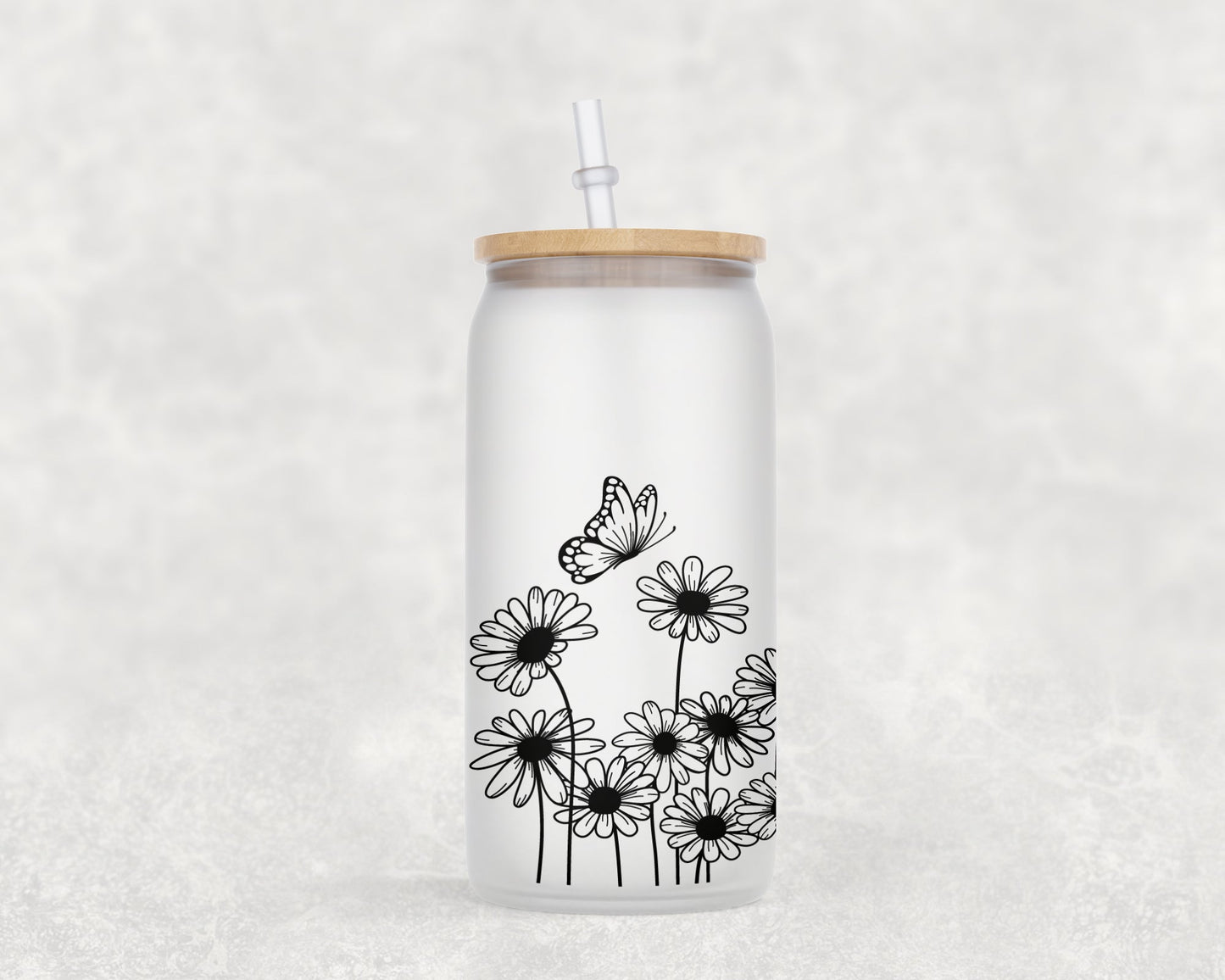 Daisy And Butterfly 16 Oz Glass Can Coffee Mug