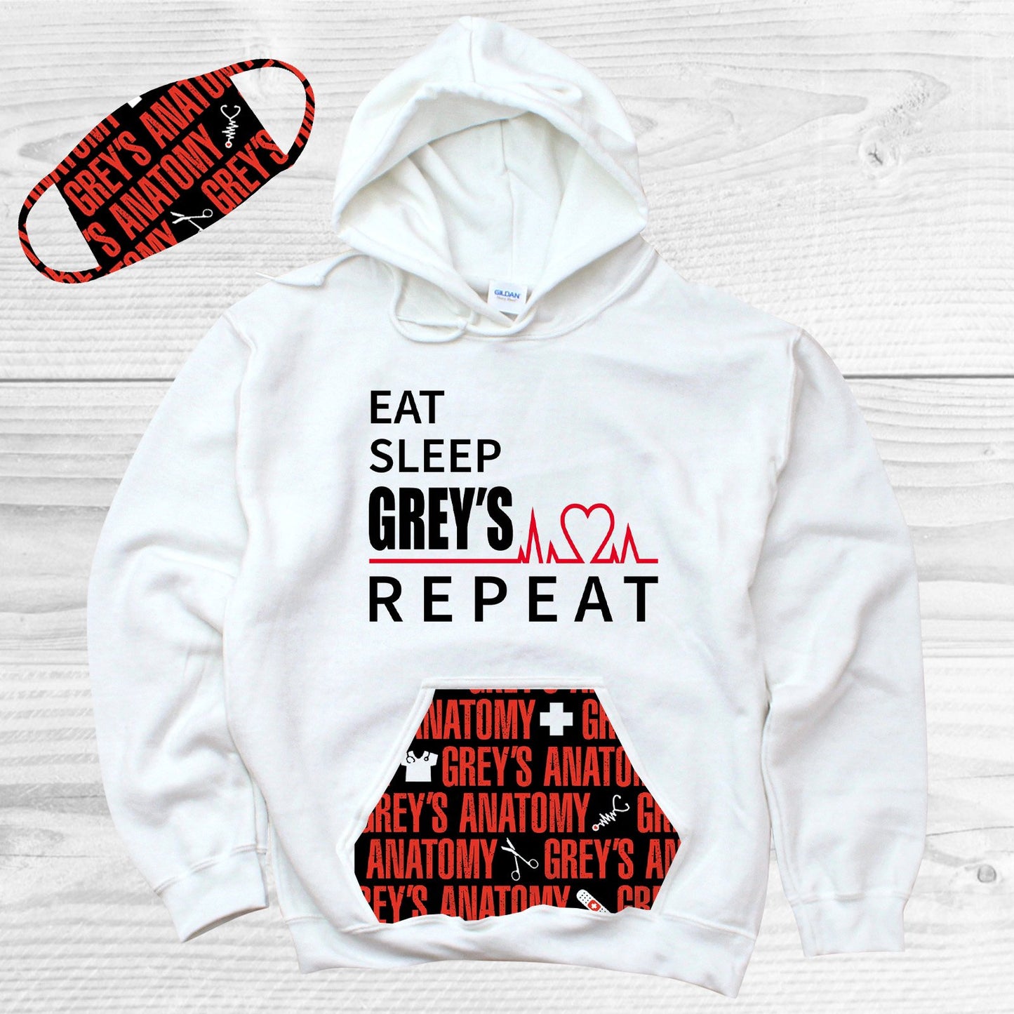 Eat Sleep Greys Repeat Pattern Pocket Hoodie Graphic Tee