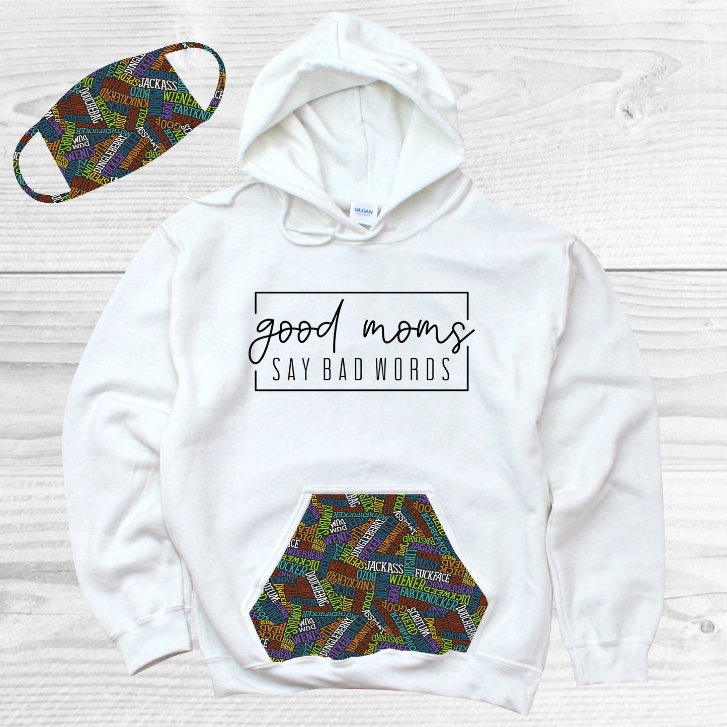 Good Moms Say Bad Words Pattern Pocket Hoodie Graphic Tee