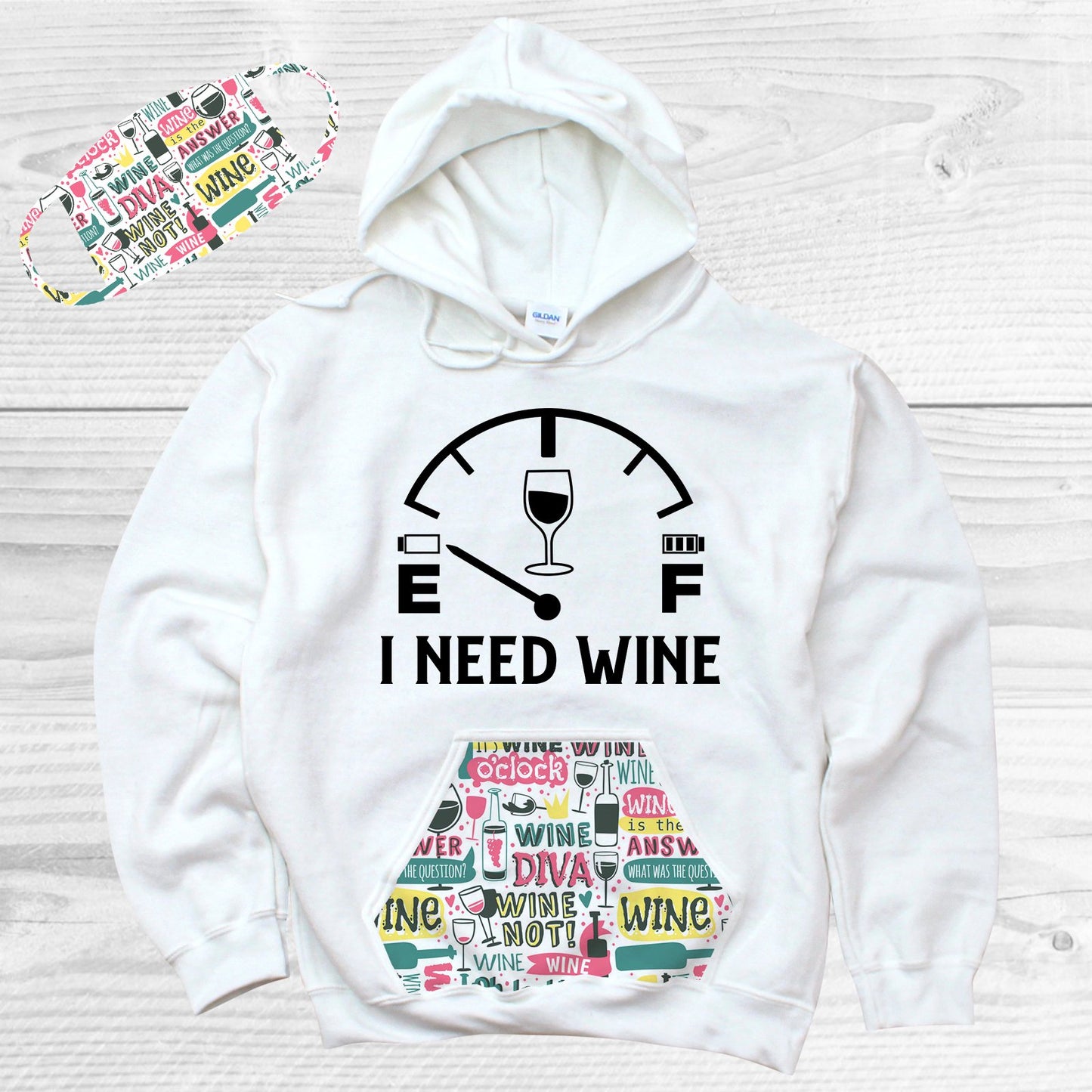 I Need Wine Pattern Pocket Hoodie Graphic Tee