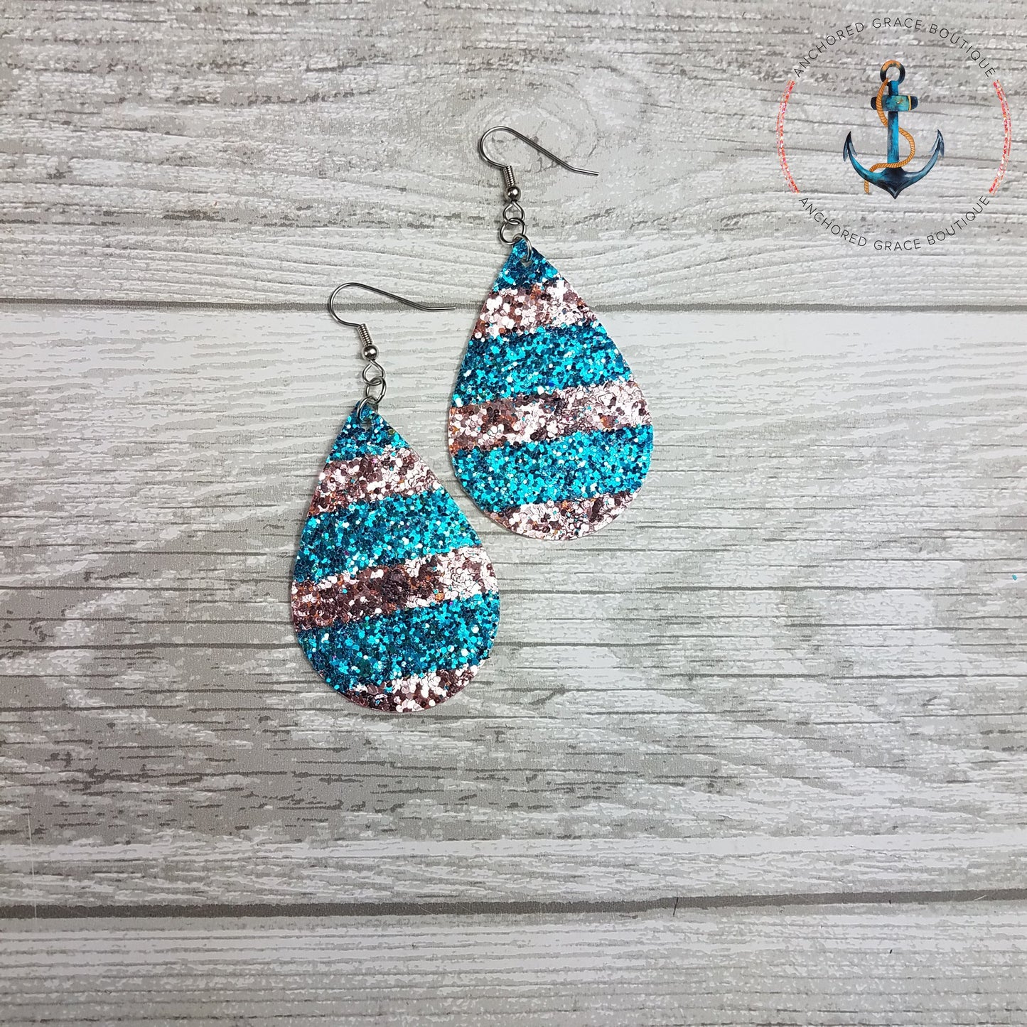 Chunky Aqua & Blush Striped Glitter Faux Leather Teardrop Earrings