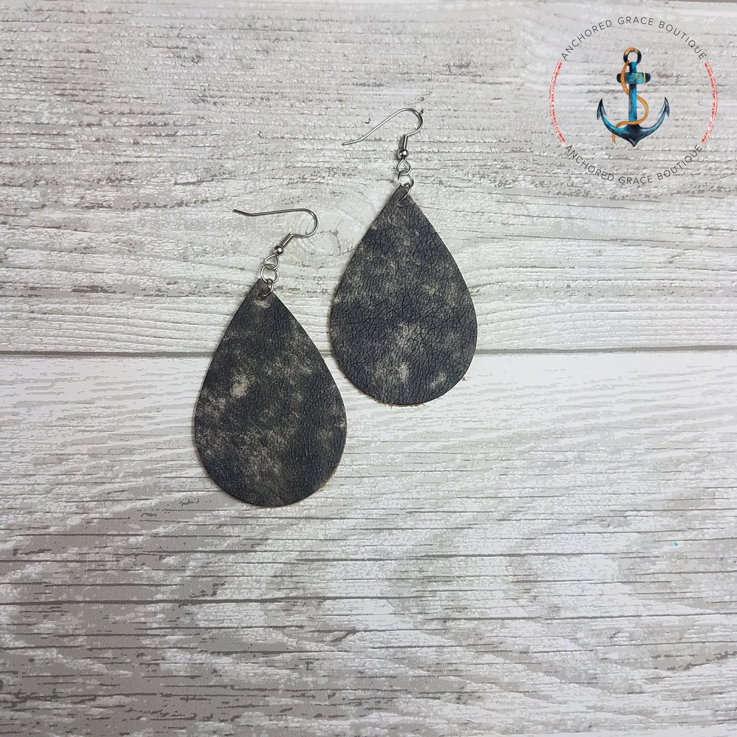 Vintage Metallic Black Leather Drop Earrings