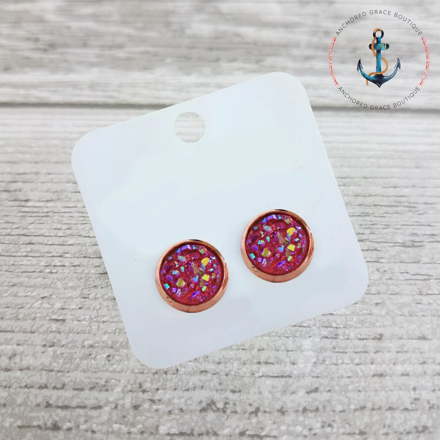 8Mm Druzy Rose Gold Setting Stud Earrings - Hot Pink