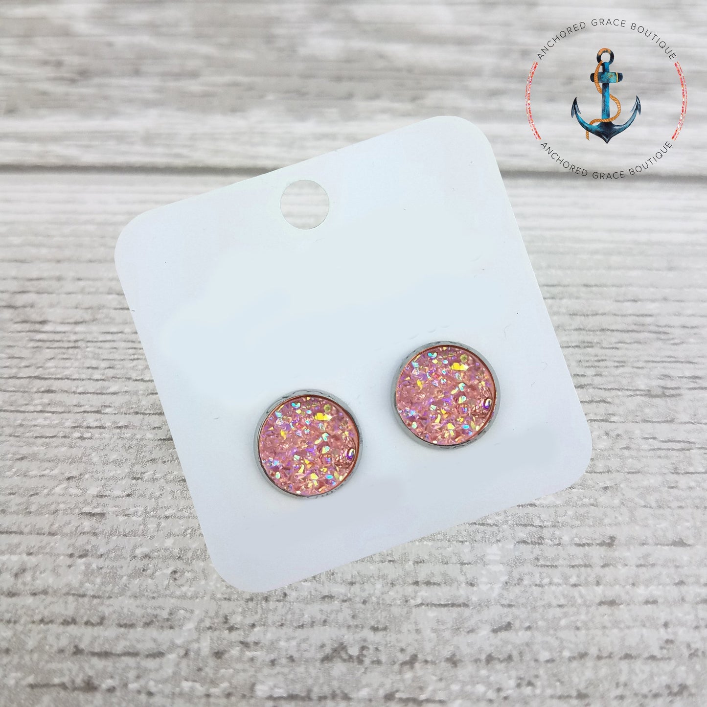 12Mm Druzy Rose Gold Setting Stud Earrings - Light Pink