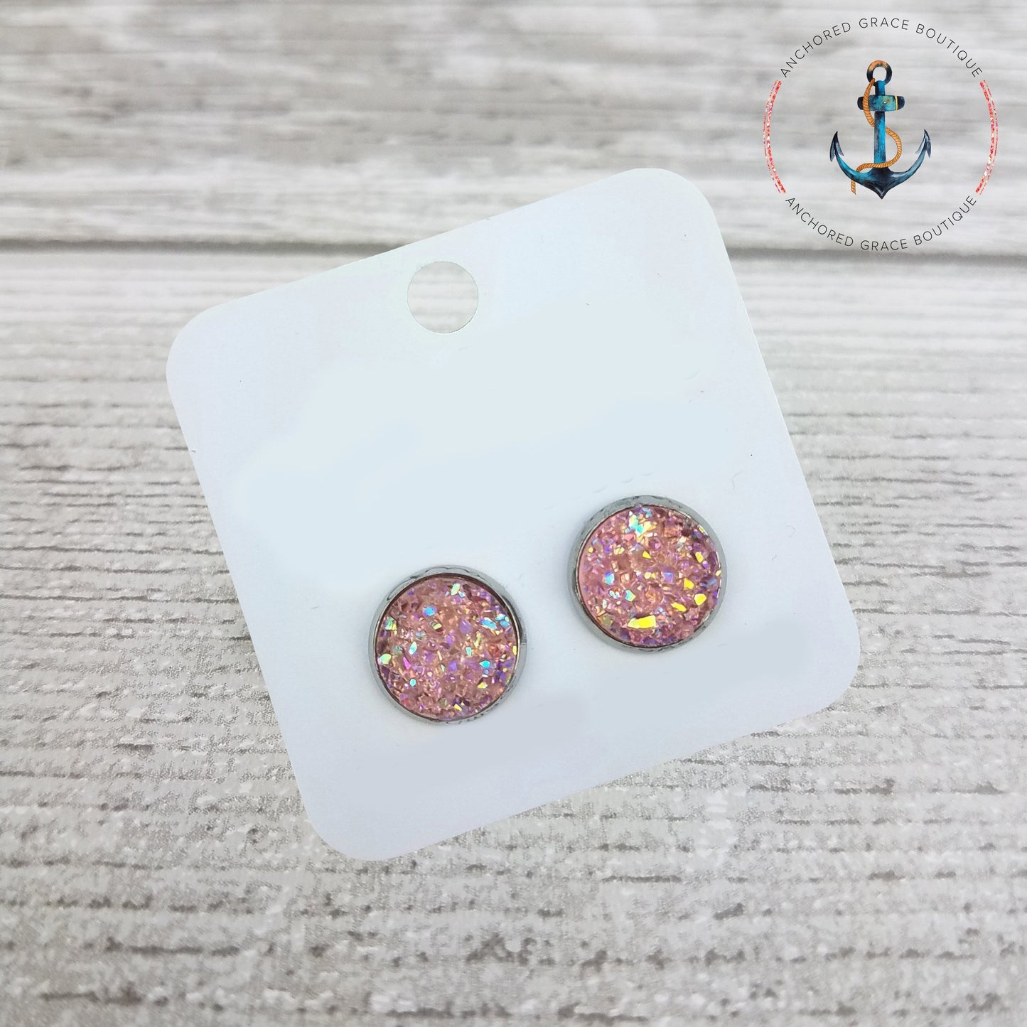 12Mm Druzy Stud Earrings - Light Pink