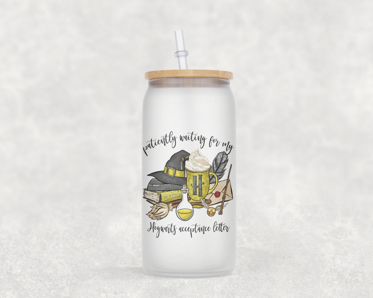 Patiently Waiting On My Hogwarts Acceptance Letter Hufflepuff 16 Oz Glass Can Coffee Mug