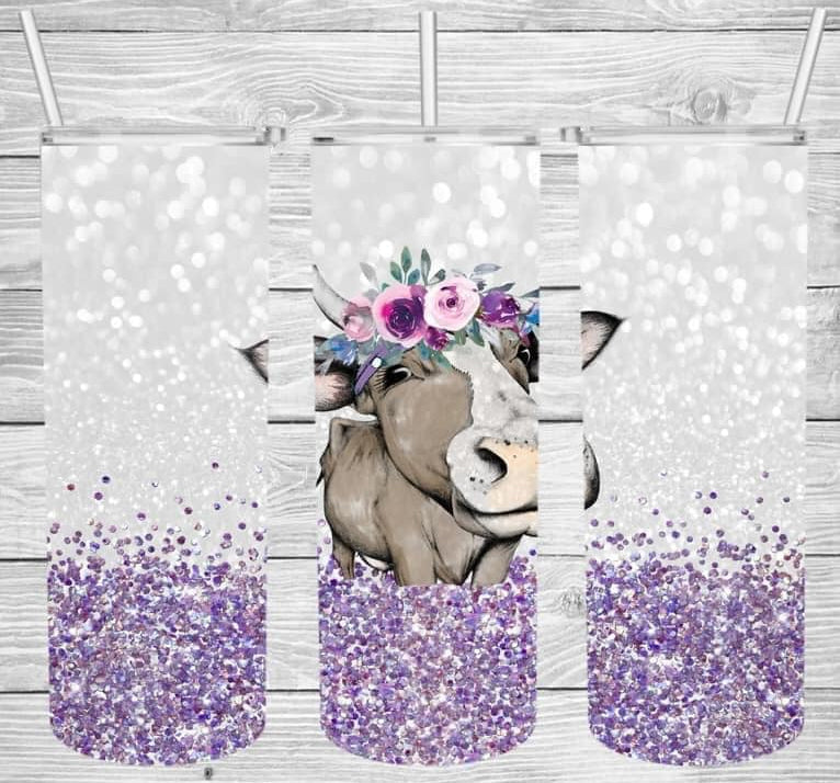 Purple Floral Cow 20 Oz Skinny Tumbler