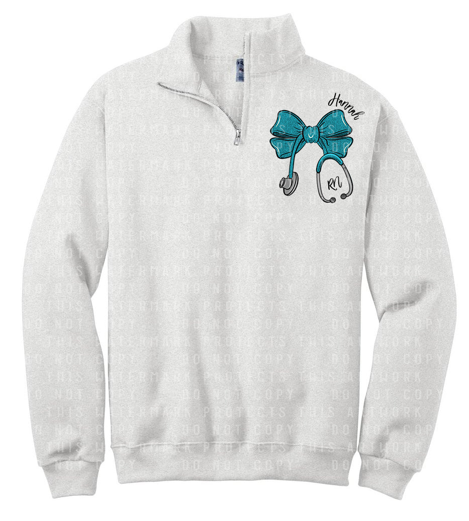 Teal Stethoscope Bow Quarter Zip