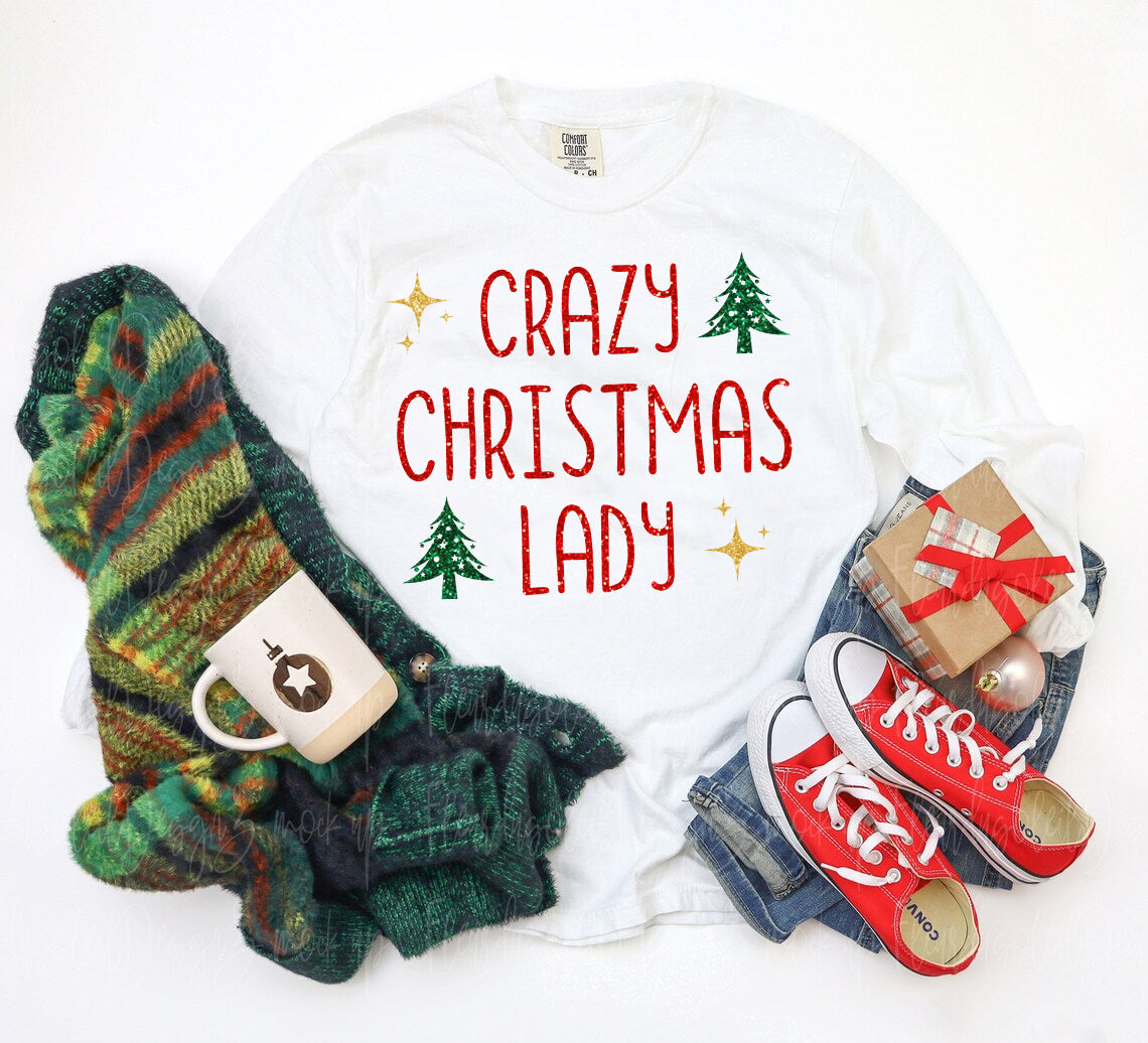 Crazy Christmas Lady Faux Glitter Graphic Tee
