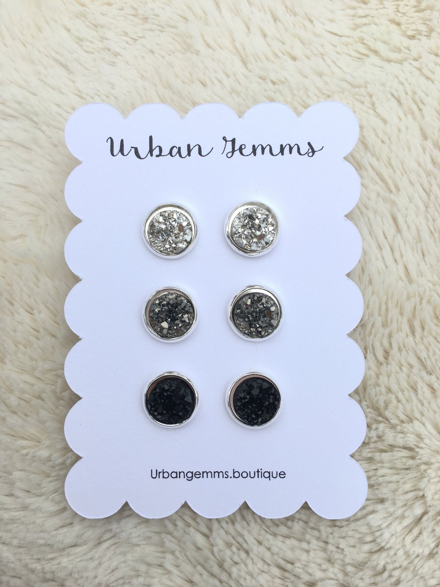 Druzy Set - Silver Gunmetal And Black Earrings