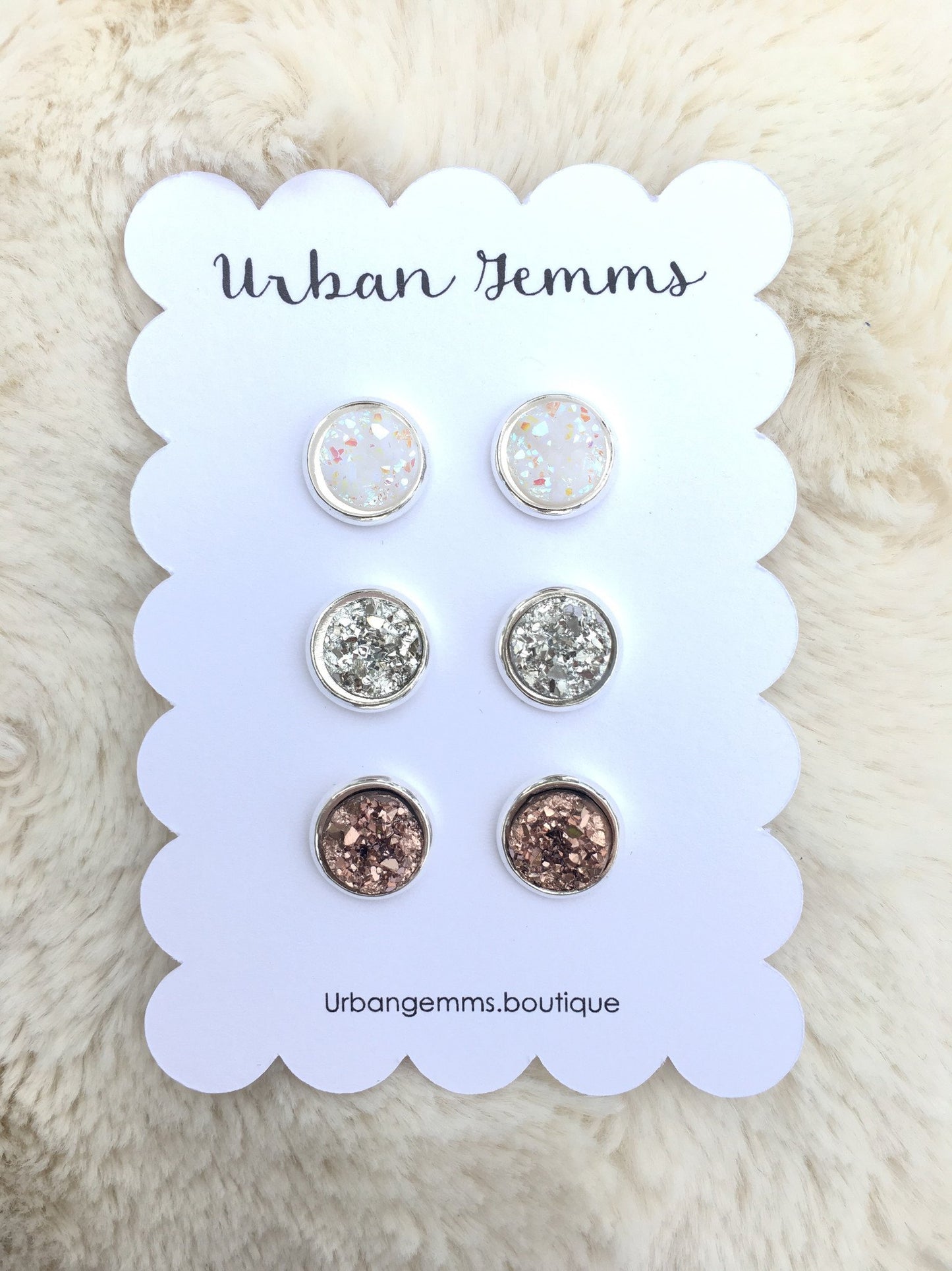 Druzy Set - White Silver And Rose Gold Earrings