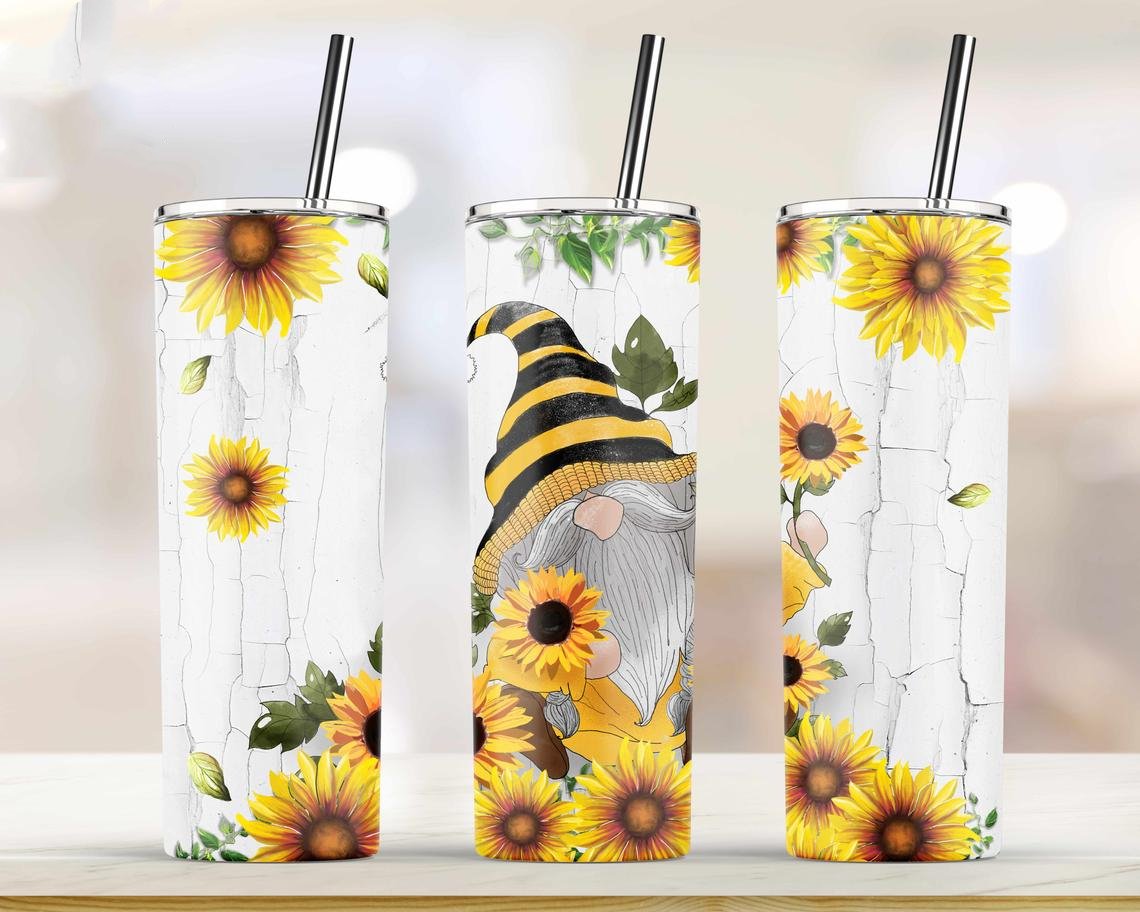 Sunflower Gnome 20 Oz Skinny Tumbler