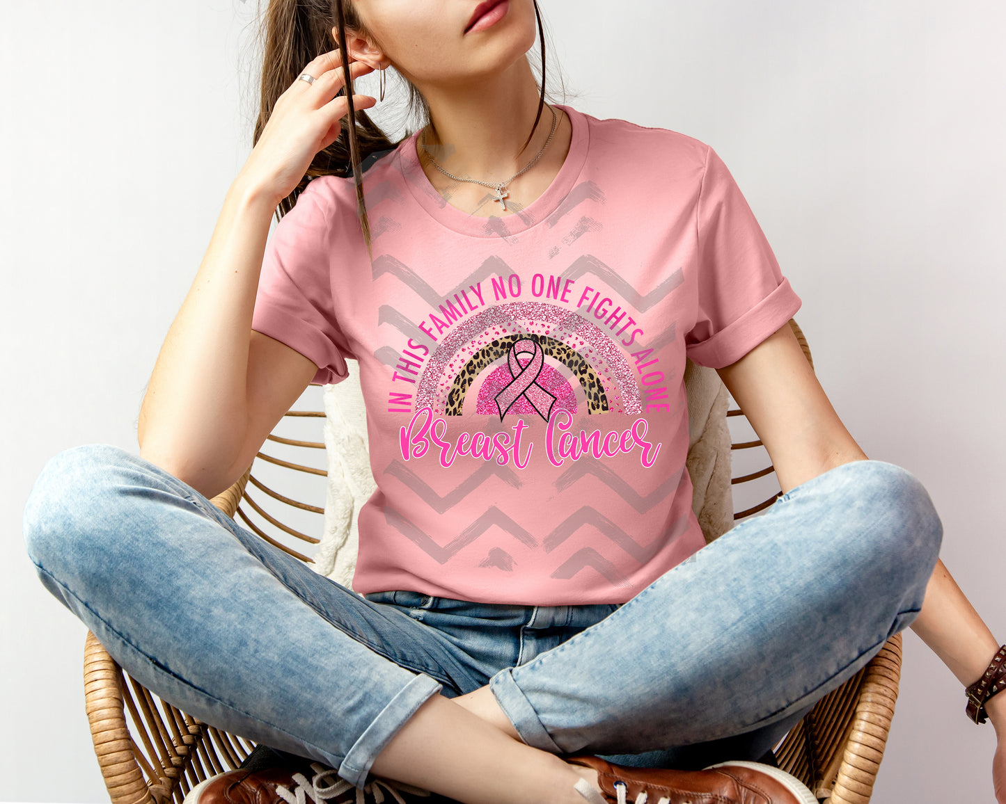 In This Family No One Fights Alone Breast Cancer Graphic Tee