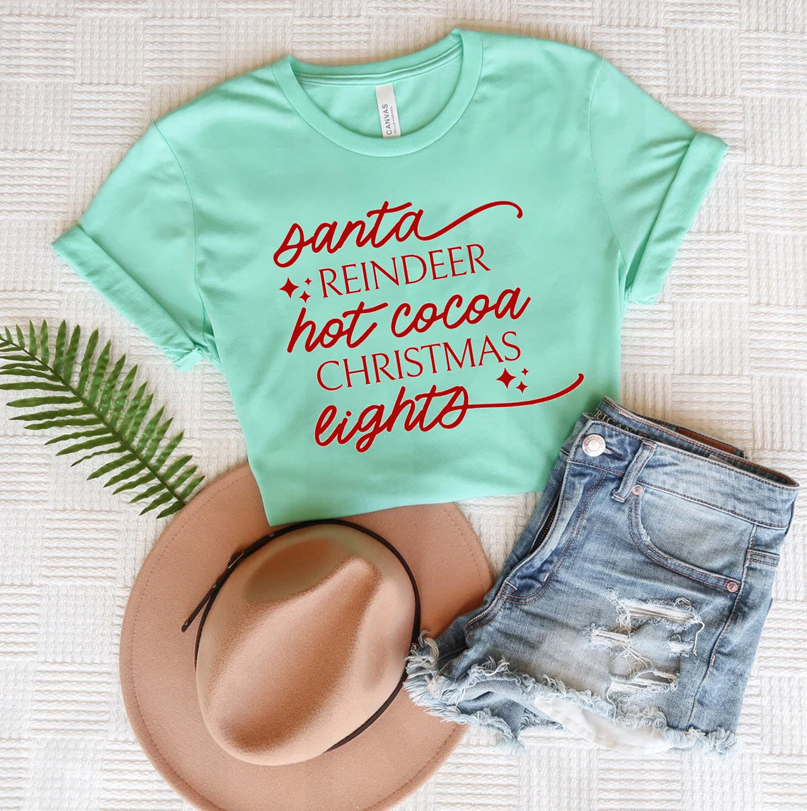 Santa Reindeer Hot Cocoa Christmas Lights Graphic Tee