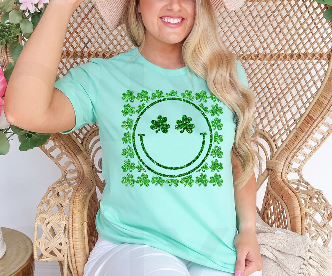 Faux Glitter Shamrocks Happy Face Graphic Tee