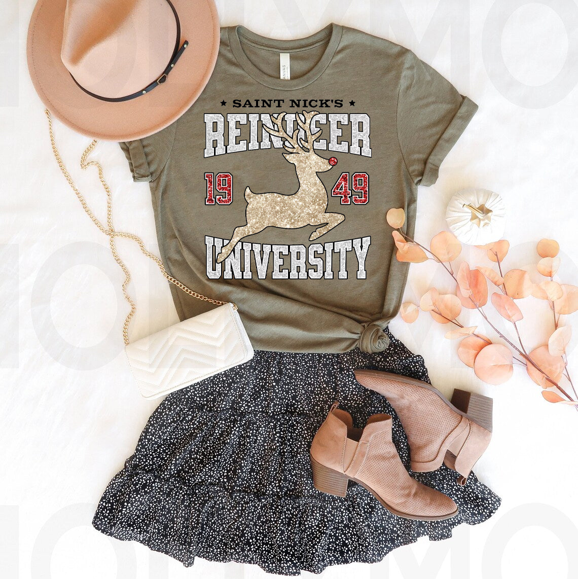 Saint Nick's Reindeer University Faux Glitter Graphic Tee