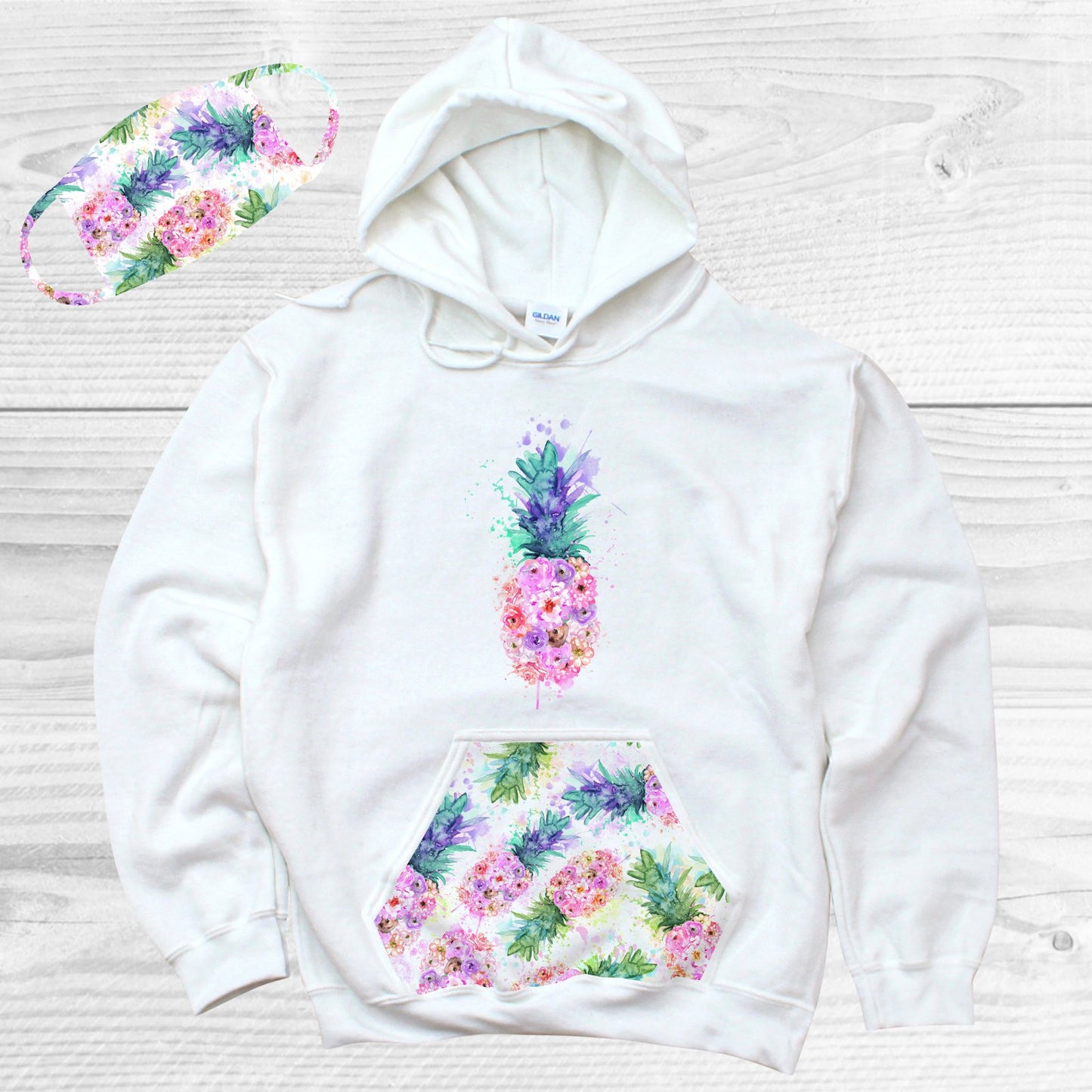 Watercolor Pineapples Pattern Pocket Hoodie Graphic Tee