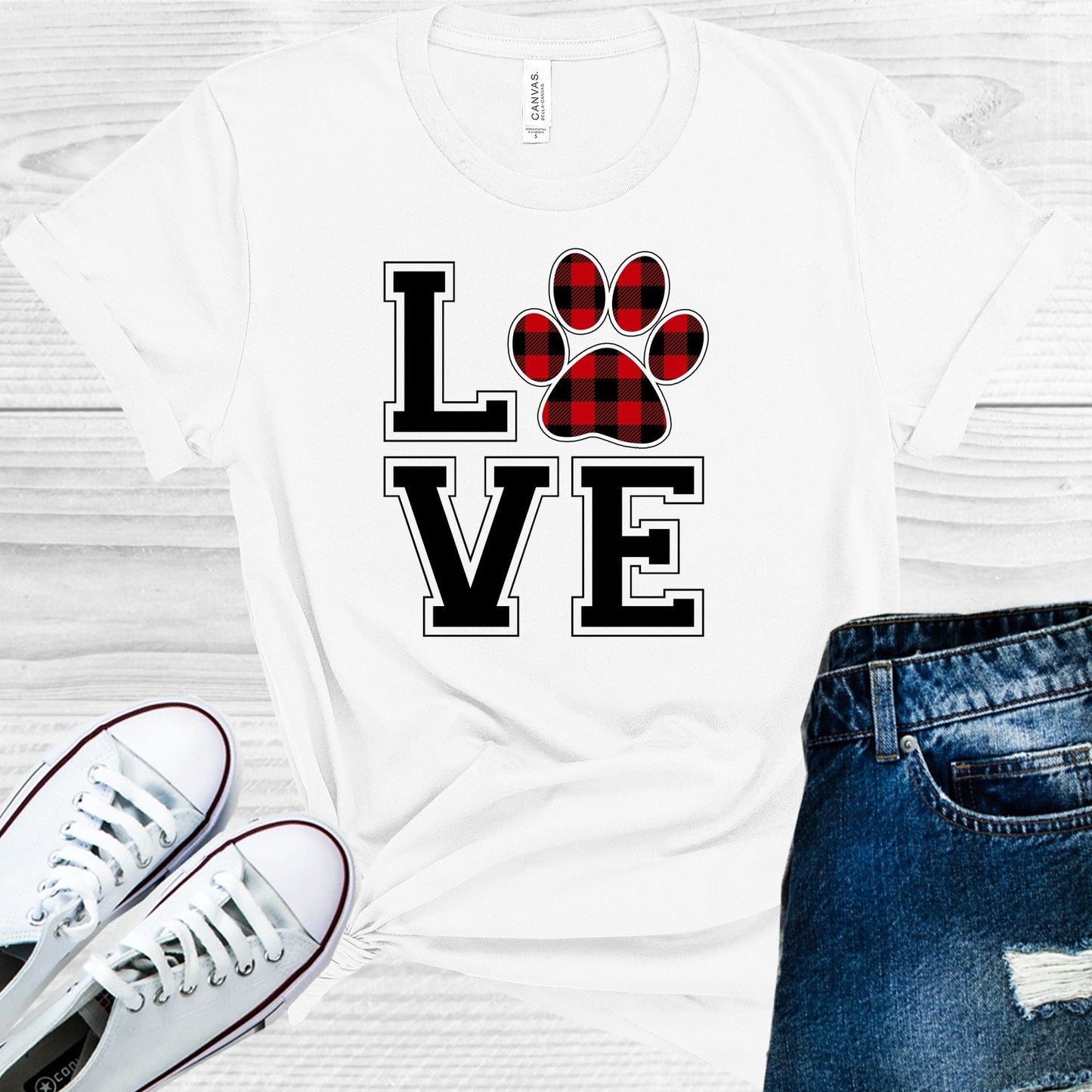 Buffalo Plaid Love Paw Print Graphic Tee Graphic Tee
