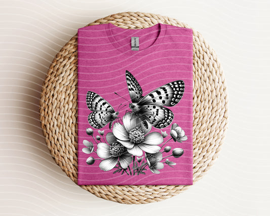 Black and White Floral Butterflies Graphic Tee