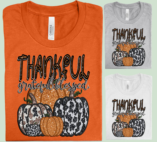 Thankful Grateful Blessed Faux Glitter Graphic Tee