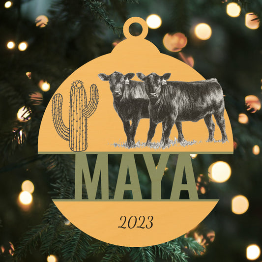 Custom Wood Ornament with Name - Cow and Cactus