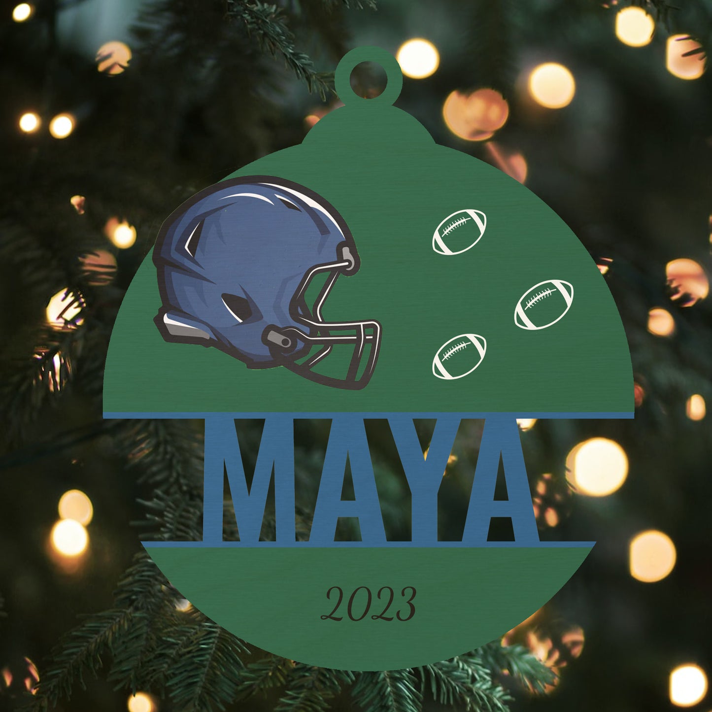Custom Wood Ornament with Name - Green/Blue Football