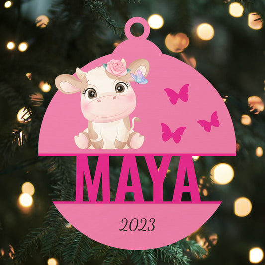 Custom Wood Ornament with Name - Cow