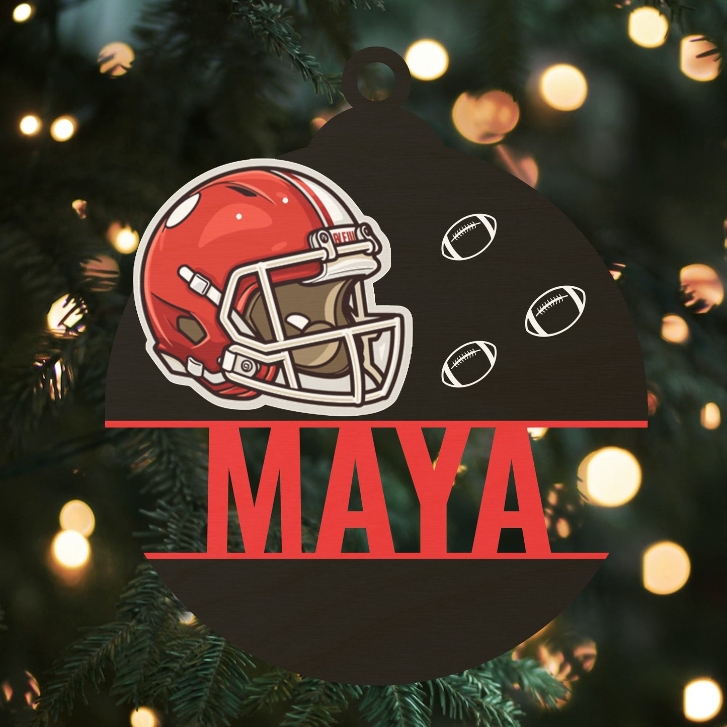 Custom Wood Ornament with Name - Red/White Football