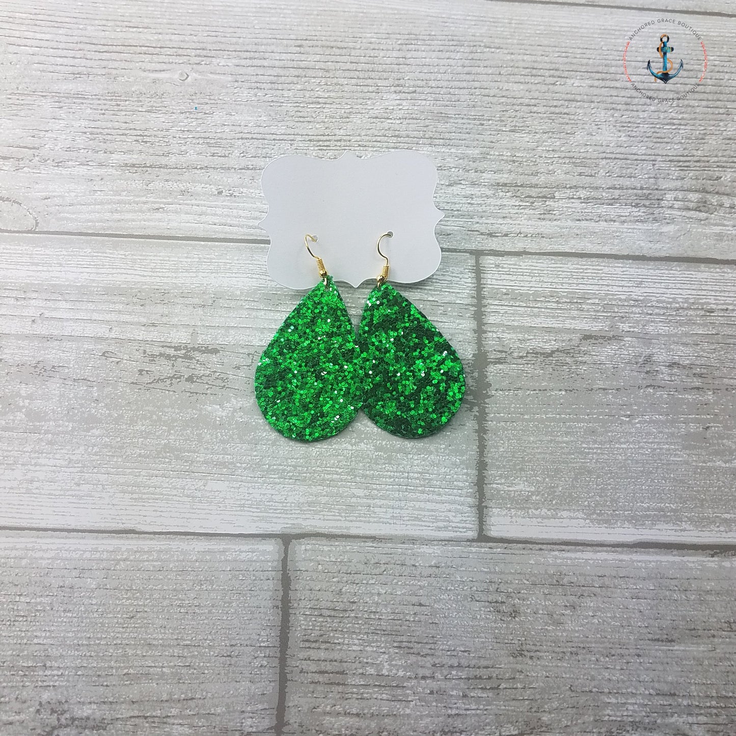 Green Glitter Leather Drop Earrings