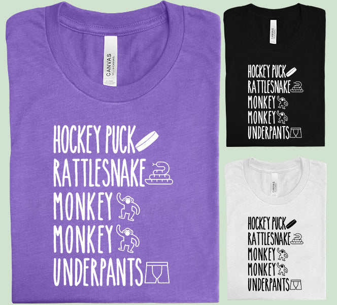 Hockey Puck Rattlesnake Monkey Monkey Underpants Graphic Tee