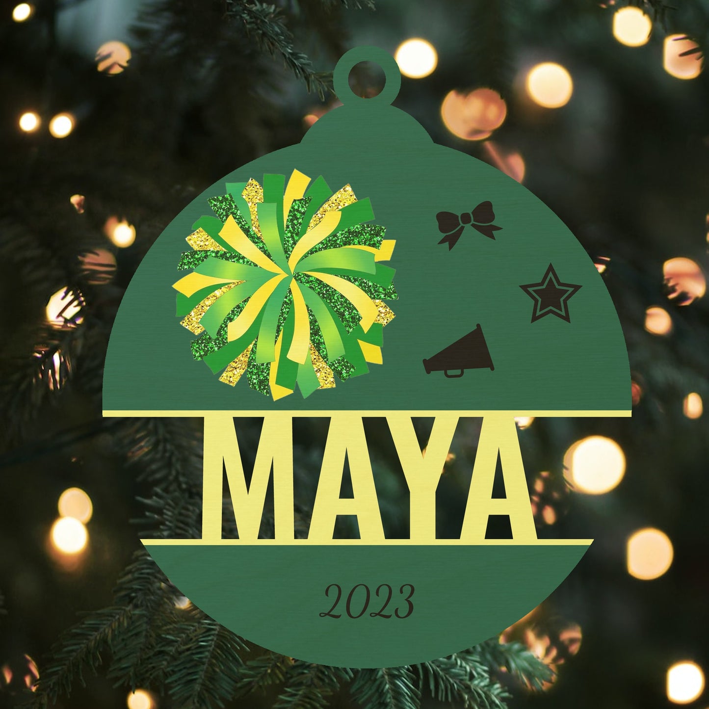 Custom Wood Ornament with Name - Green/Yellow Cheer