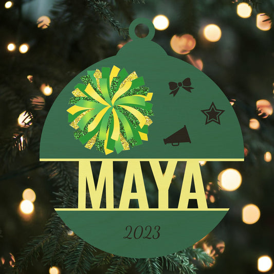 Custom Wood Ornament with Name - Green/Yellow Cheer
