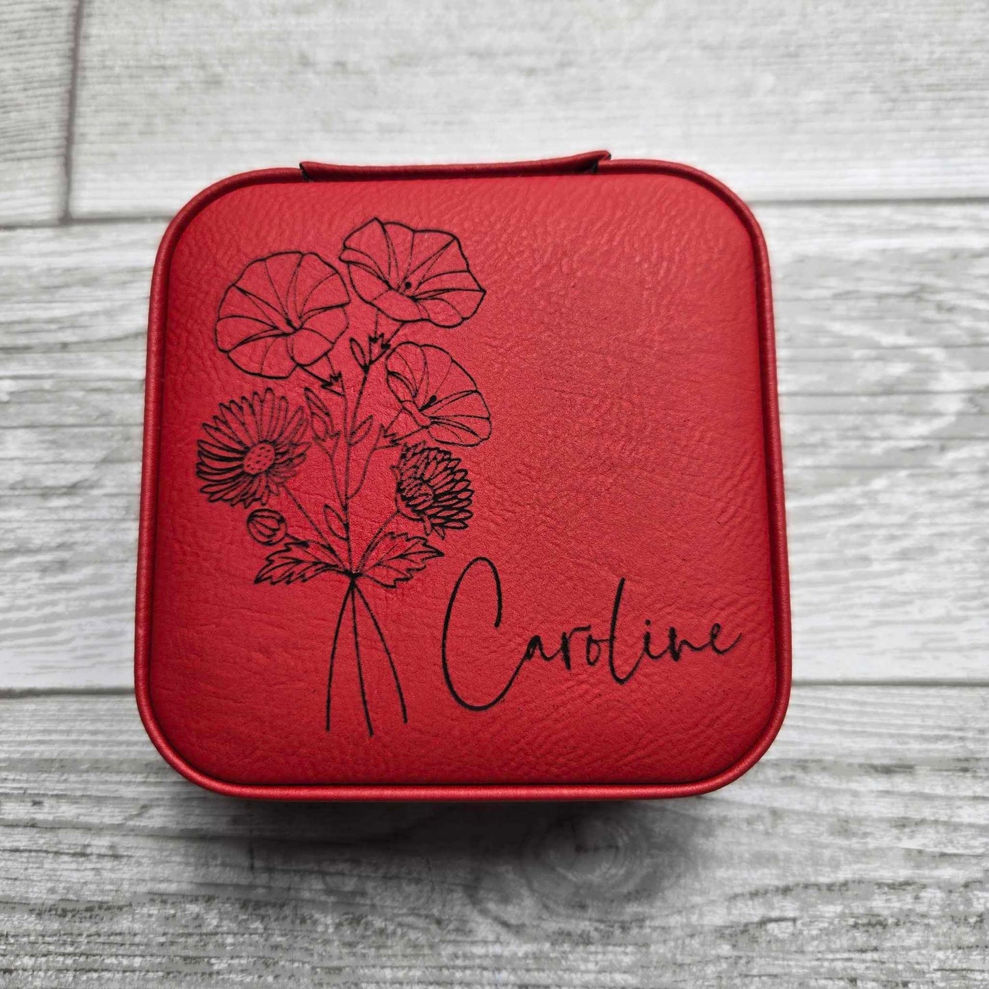 Birth Flower Customized Engraved Travel Jewelry Box