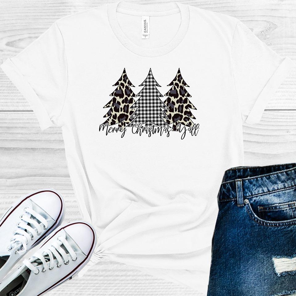 Merry Christmas Yall Leopard Plaid Trees Graphic Tee Graphic Tee