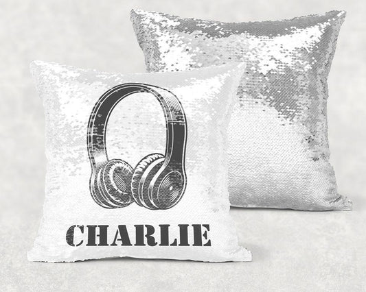 Headphones Sequin Pillow With Personalization