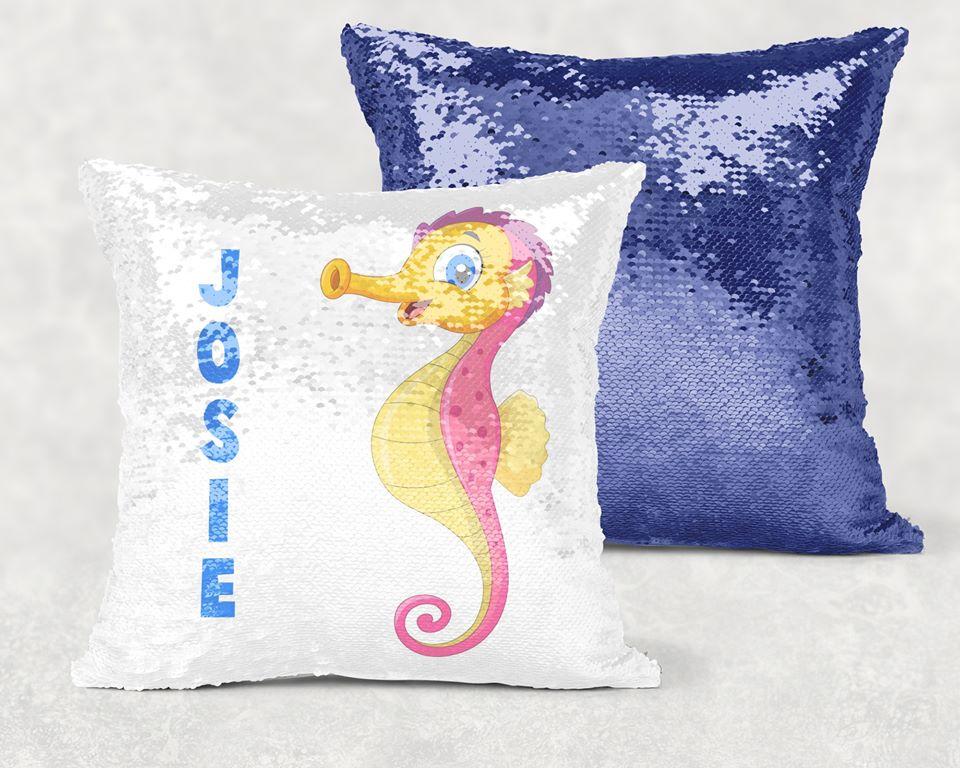 Seahorse Sequin Pillow With Personalization