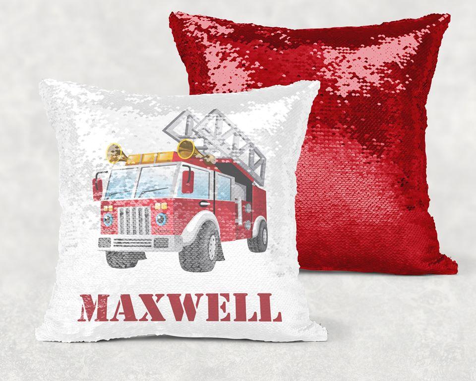 Fire Truck Sequin Pillow With Personalization