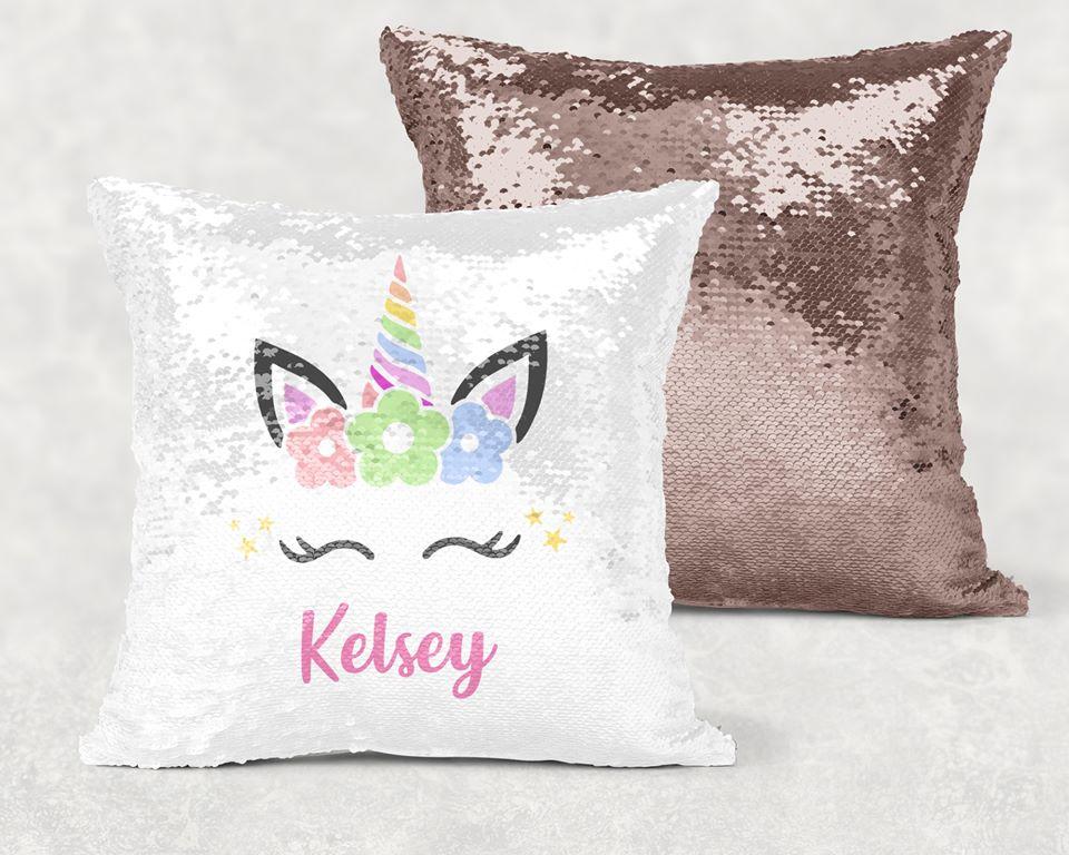Unicorn Sequin Pillow With Personalization