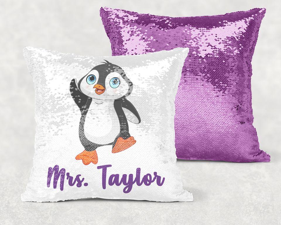 Penguin Sequin Pillow With Personalization