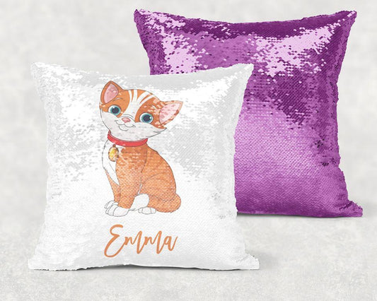 Cat Sequin Pillow With Personalization