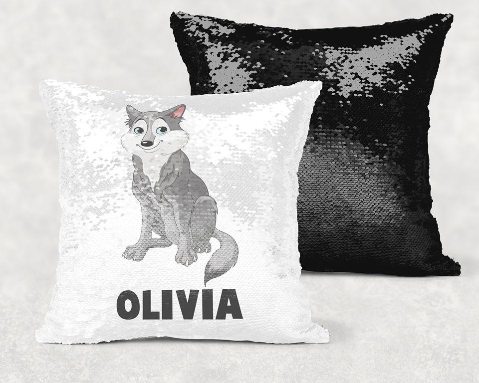 Wolf Sequin Pillow With Personalization
