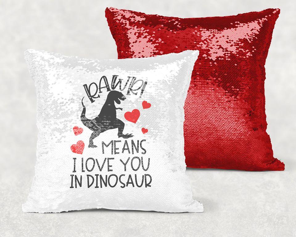 Rawr Means I Love You In Dinosaur Sequin Pillow With Personalization