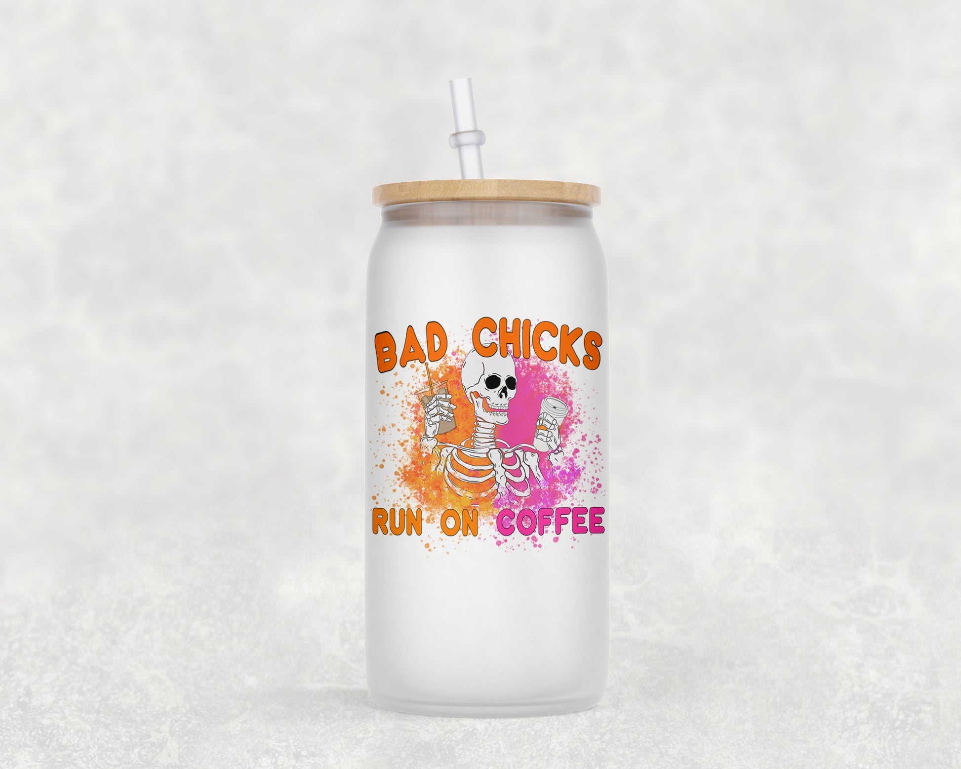 Bad Chicks Run On Coffee 16 Oz Glass Can Mug