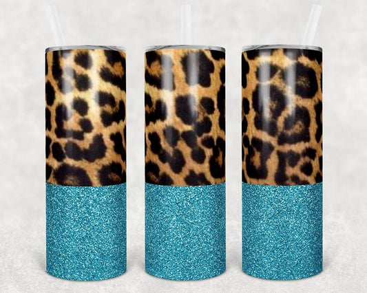 Blue Glitter Leopard 20 Oz Skinny Tumbler