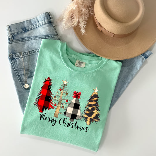 Buffalo Plaid Leopard Christmas Trees Graphic Tee