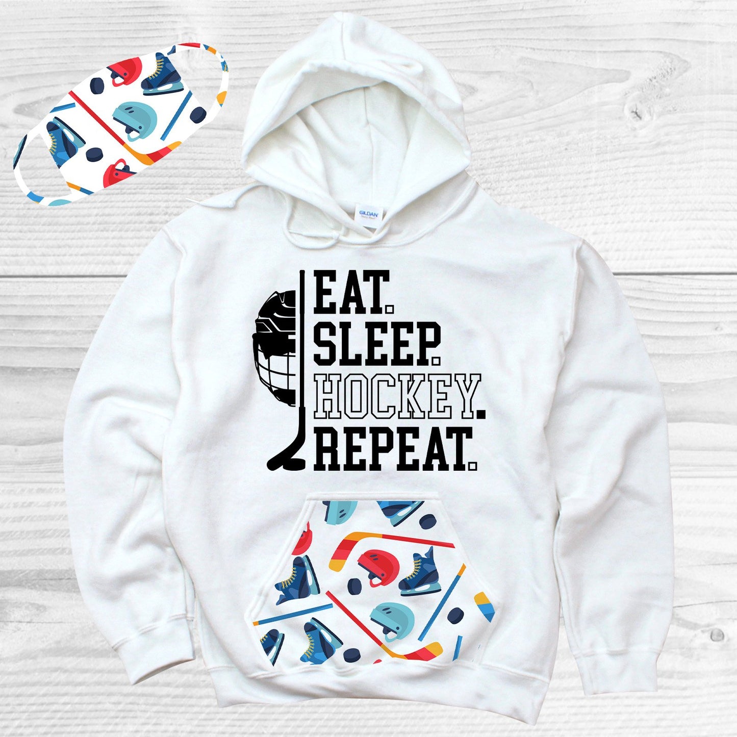 Eat Sleep Hockey Repeat Pattern Pocket Hoodie Graphic Tee