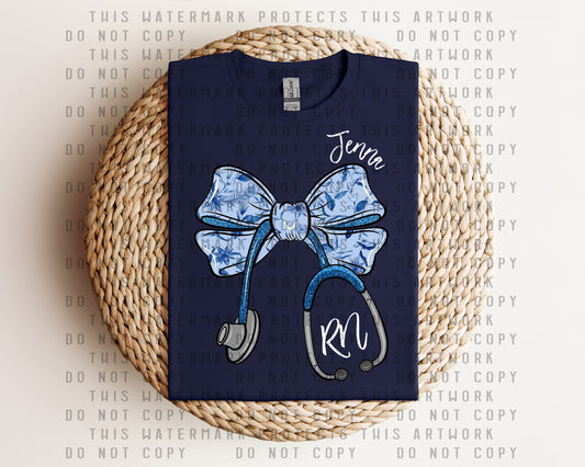 Blue Floral Stethoscope Graphic Tee